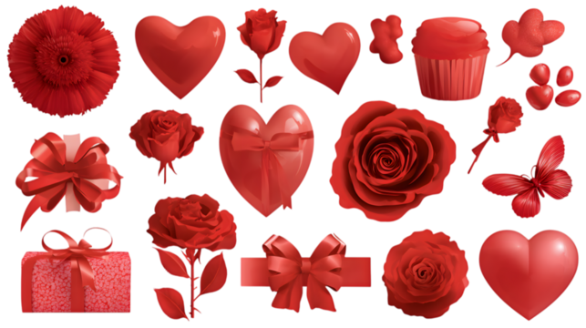 Romantic red collection including hearts, roses, gifts, and sweet treats for Valentine's Day and love themes isolated on white background