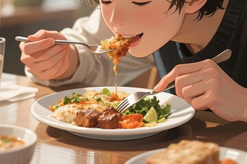 Young woman eating healthy salad at table