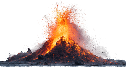 Dramatic volcano erupting with fiery lava and ash, showcasing nature's raw power and geological forces isolated on white background