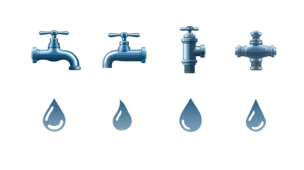 A row of plumbing and faucet icons including tap, pipe elbow, valve, and droplet in flat style, isolated on transparent background.
