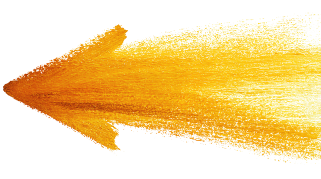 A yellow paintbrush arrow with bold textured stroke, warm gradient, and soft bristle edges, isolated on transparent background.
