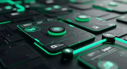 Advanced network infrastructure with interconnected devices and glowing elements representing data processing and transfer