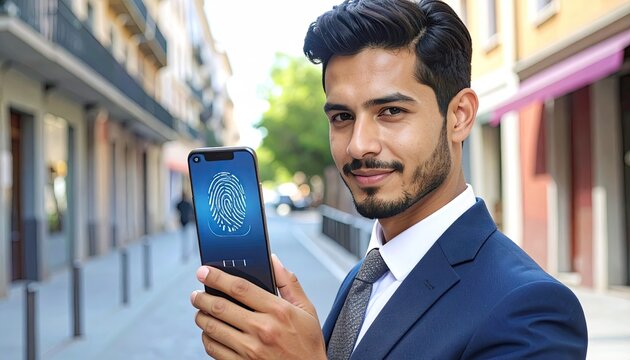 Smiling Businessman Using Facial Recognition on Smartphone for Secure Online Banking Transaction in City Street - Powered by Adobe