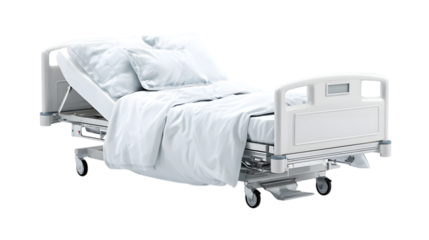 Modern adjustable hospital bed with clean white sheets and pillows ready for patient care and recovery isolated on white background