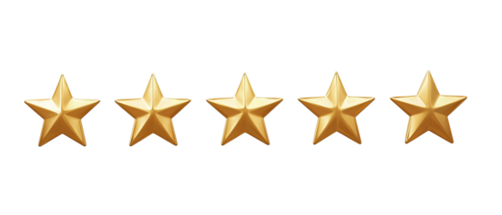 A five-star rating row with evenly spaced gold stars, flat shading, and identical size, isolated on transparent background.
