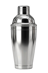 A stainless cocktail shaker in classic cobbler shape with cap and seamless body, isolated on transparent background.
