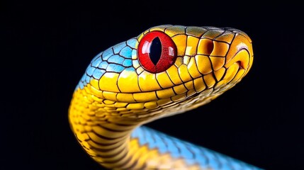 Magnificent Closeup of a Vibrantly Colored Snake Head with Striking Red Eyes on a Dark Background