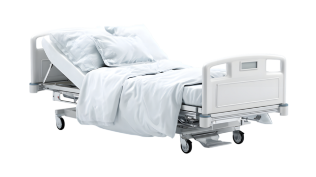 Modern adjustable hospital bed with clean white sheets and pillows ready for patient care and recovery isolated on white background