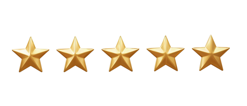 A five-star rating row with evenly spaced gold stars, flat shading, and identical size, isolated on transparent background.
