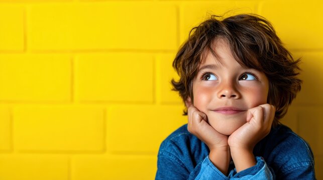 A young boy with a thinking pose against a vibrant yellow background, capturing his curiosity and imaginative spirit, evoking feelings of joy and innocence.