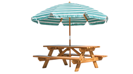 Inviting picnic table with umbrella promising outdoor fun for summer gatherings and relaxing backyard moments isolated on white background
