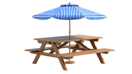 Rustic wooden picnic table with blue checkered umbrella, perfect for outdoor family dining and backyard fun isolated on white background