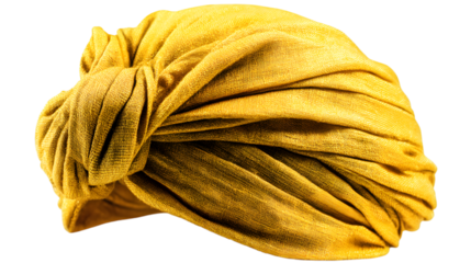 Golden turban headwear for stylish fashion, cultural events, or themed costume parties, luxurious head covering isolated on white background