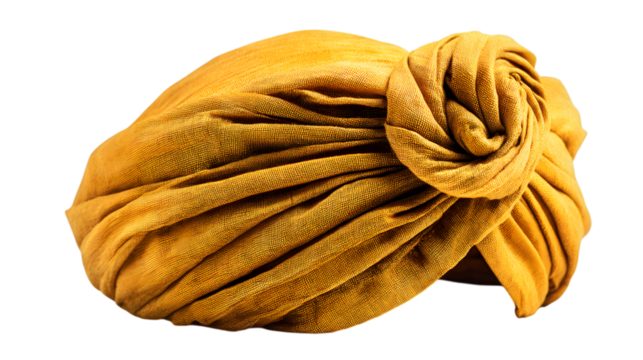 Golden turban headwear fashionably knotted for cultural expression and stylish head covering isolated on white background