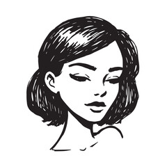 Beautiful Woman Doodle Black and White Illustration Fashion Girl Portrait Line Art Sketch Vector