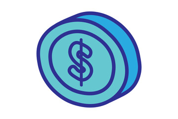 This is a stylized, three-dimensional icon of a coin. The top surface of the coin is a light, aqua blue, with a prominent dollar sign symbol ($) drawn in a darker blue