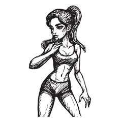 Beautiful Woman Doodle Black and White Illustration Fashion Girl Portrait Line Art Sketch Vector