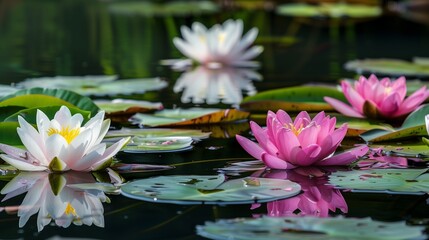 A serene pond adorned with water lilies in shades of pink and white, their floating leaves and blossoms creating a tranquil reflection on the water's surface.