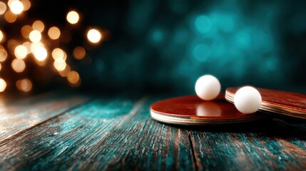 The image beautifully captures two ping pong paddles and two balls on a textured wooden table, hinting at a fun game waiting to happen in a relaxed environment.