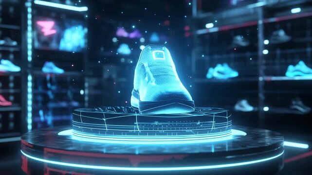 Cutting edge sneaker showcased on a rotating platform, highlighting its sleek design and advanced features