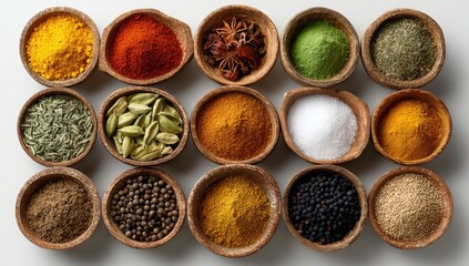 Small wooden bowls filled with various spices