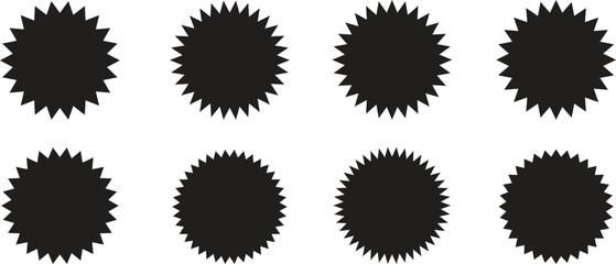 Black Starburst icon set.Vector Stock Illustration. Different forms of stars, constellations.Circle starburst label shape for promo, sale, price offer badge sticker.Sale, promo label color design.