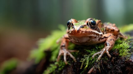Fototapeta premium An exquisite close-up image of a colorful frog perched on a mossy log, showcasing the intricate details of its skin and the surrounding lush greenery in a serene forest.