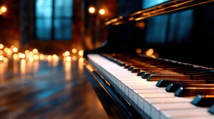 A beautifully captured black piano with a blurred background of enchanting lights, combining elegance and musical richness in a warm ambient setting.