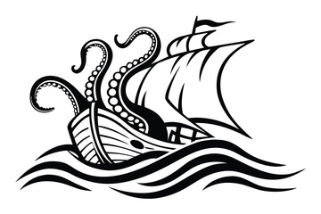 Kraken Tentacles Attack Sailing Ship Nautical Vessel Art on White © SWORNALY