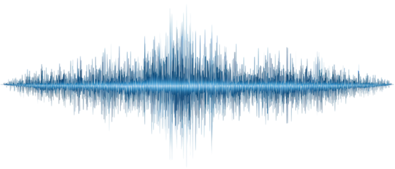 A horizontal audio spectrum ribbon in blue with varying amplitudes, subtle glow falloff, and clean edges, isolated on transparent background.