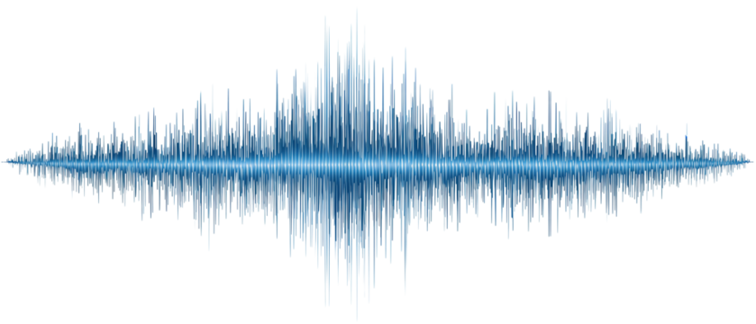 A horizontal audio spectrum ribbon in blue with varying amplitudes, subtle glow falloff, and clean edges, isolated on transparent background.
