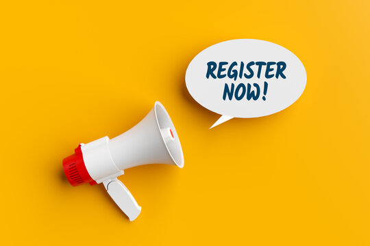 Megaphone inviting to register now on yellow background