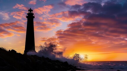 A silhouette of a lighthouse standing tall against a dramatic sunset sky, with waves crashing against the rocky shore below.