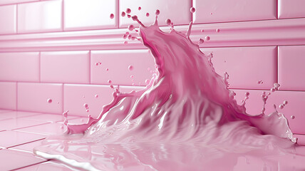 Pink liquid splash with droplets against a backdrop of pink tile.
