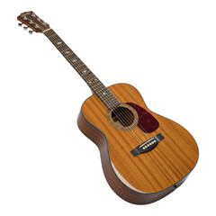 Obraz premium Acoustic six-string wooden guitar with detailed fretboard and body design on transparent background