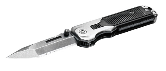 Obraz premium A retractable utility knife with stainless slider, extended trapezoid blade, and knurled grip panels, isolated on transparent background. 