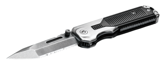 A retractable utility knife with stainless slider, extended trapezoid blade, and knurled grip panels, isolated on transparent background.
