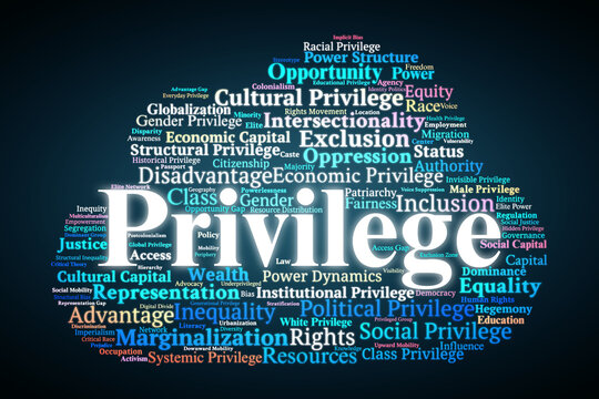 Privilege Word Cloud. Key Concepts On Power, Inequality, Social Advantage, Marginalization, And Structural Dynamics In Society And Global Contexts.