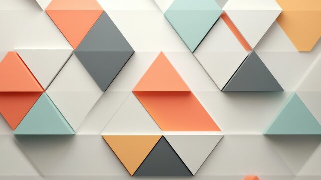 A geometric wall art design features a white background with a pattern of overlapping, three-dimensional, pastel-colored triangles.