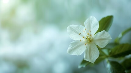 Fototapeta premium A single jasmine flower in sharp focus with a soft, blurred background, highlighting its intricate details and purity.