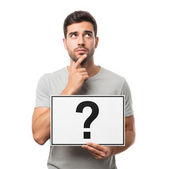 Man holding question mark sign on Isolated transparent background png. generated with AI