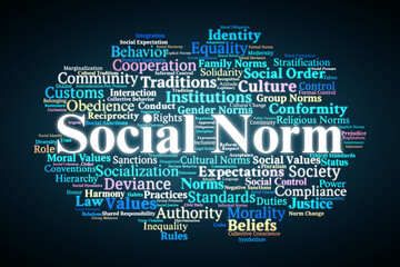 Social Norm Word Cloud. Key Concepts On Culture, Behavior, Values, Rules, Expectations, And Community Standards In Social Structures And Human Interaction.