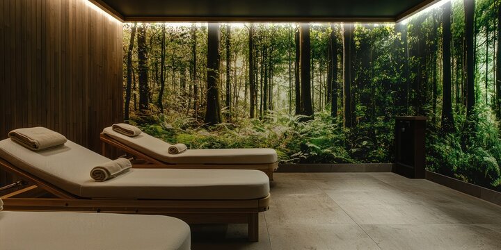 Two plush daybeds are positioned side-by-side in a dimly lit, spa-like room. The walls are clad in warm, dark wood paneling, and a large mural depicting a lush, green forest dominates one wall. 