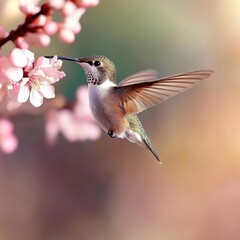 Fototapeta premium A hummingbird hovering and sipping nectar from bright pink flowers in a beautiful garden setting.