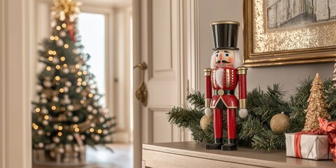 A red and gold nutcracker figurine stands prominently on a wooden shelf, partially obscured by a blurred Christmas tree and festive decorations. 