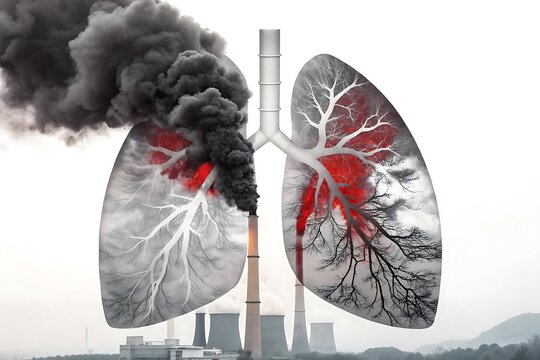 Industrial Pollution Affecting Human Lungs With Black Smoke and Red Damage factory