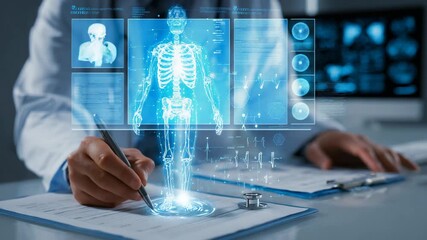 Male doctor working on hologram analysis app with patient information inside hospital - Medicals and health care concept - Model by AI generative - Powered by Adobe
