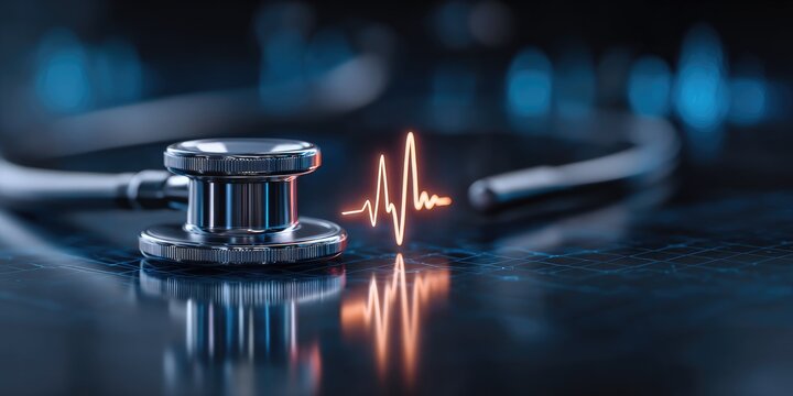 Stethoscope and glowing ECG waveform representing heart health and medical technology.