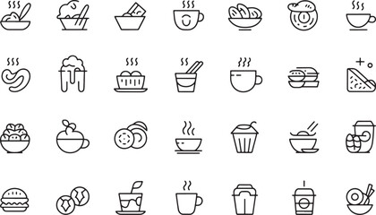 Set of line icons representing a variety of food and drink items, including fast food, desserts, and beverages, suitable for menus or recipe applications