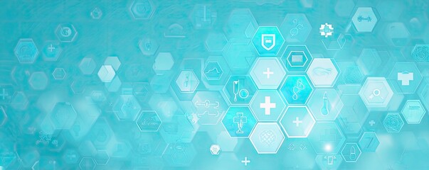 Futuristic healthcare technology concept banner with medical icons.